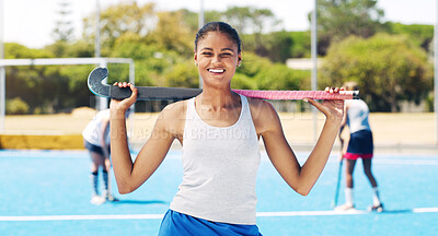 Buy stock photo Indian girl, hockey team athlete and portrait of a sport player on outdoor field. Happy person, smile and and sun with a sports female ready for game training, exercise and fitness with happiness 