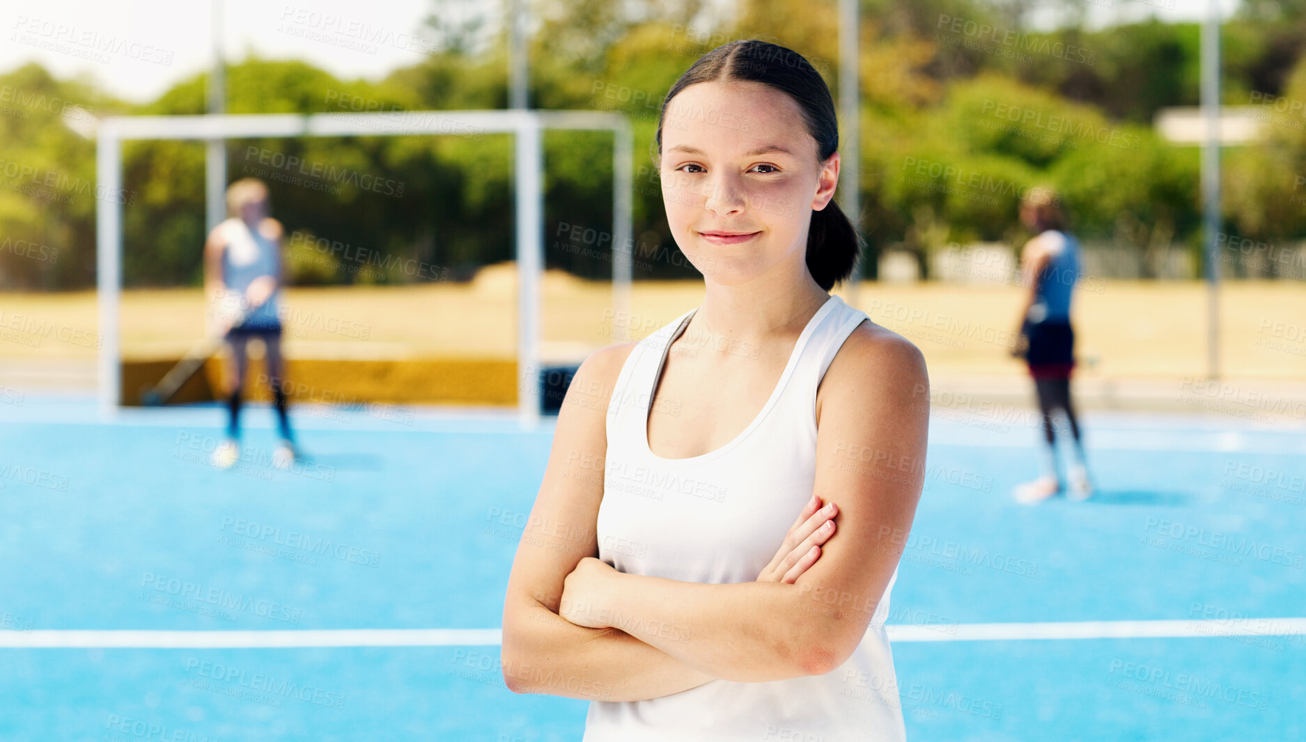 Buy stock photo Portrait, hockey girl and smile on field with focus, goal or vision at outdoor training for future sport career. Happy gen z woman, sports workout or exercise for fitness, pride or wellness at game