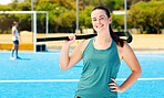 Girl, hockey athlete and happy portrait of a sport player on outdoor game field. Sports person, smile and and sun with a female ready for training, exercise and fitness workout with happiness 