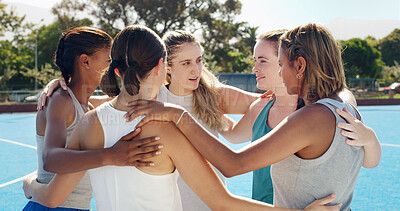 Buy stock photo Teamwork, support and sports with women on court for training, help and fitness. Motivation, coaching and community with friends athlete in outdoor for exercise, cardio and wellness performance