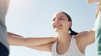 Face, huddle or teamwork with a sports woman and friends standing in a circle together before a game. Fitness, exercise and training with a female team getting ready for a competitive event outside