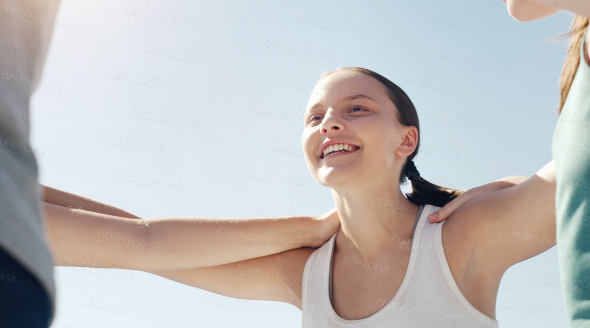 Buy stock photo Face, huddle or teamwork with a sports woman and friends standing in a circle together before a game. Fitness, exercise and training with a female team getting ready for a competitive event outside