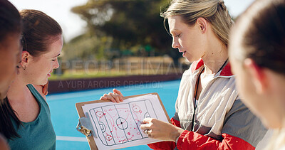 Buy stock photo Planning, team and coach with a strategy for hockey, training plan and education on a game. Learning, coaching and woman teaching an idea for a sport competition on paper to girls on a court