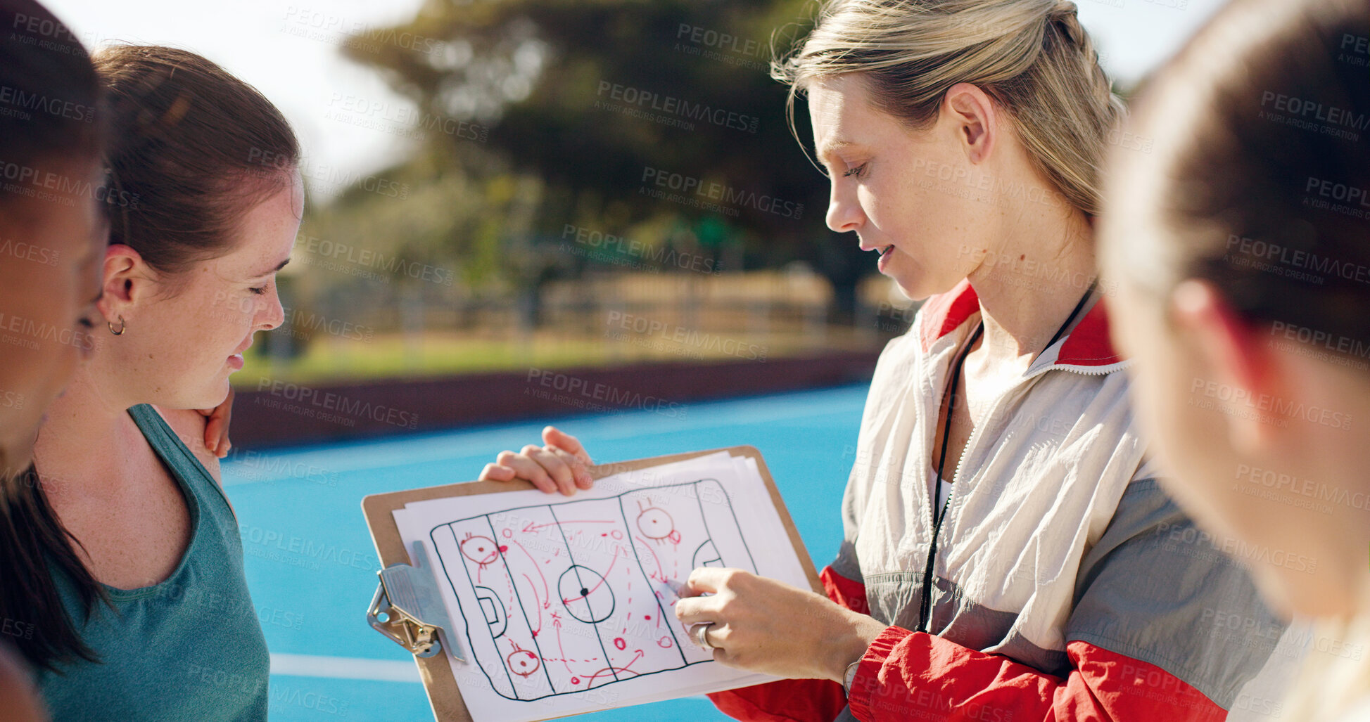 Buy stock photo Planning, team and coach with a strategy for hockey, training plan and education on a game. Learning, coaching and woman teaching an idea for a sport competition on paper to girls on a court