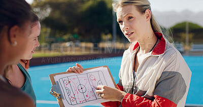 Buy stock photo Planning, sports and coach with a strategy for hockey, team training and education on a game. Learning, coaching and woman teaching an idea for a sport competition on paper to girls on a court