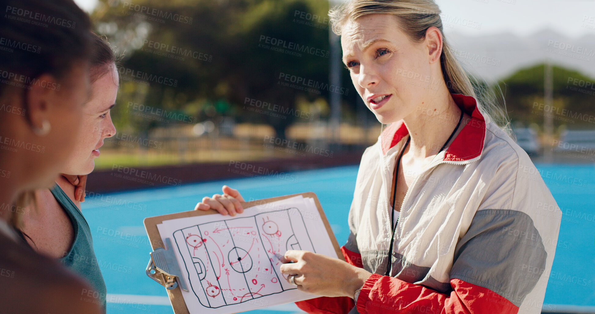 Buy stock photo Planning, sports and coach with a strategy for hockey, team training and education on a game. Learning, coaching and woman teaching an idea for a sport competition on paper to girls on a court