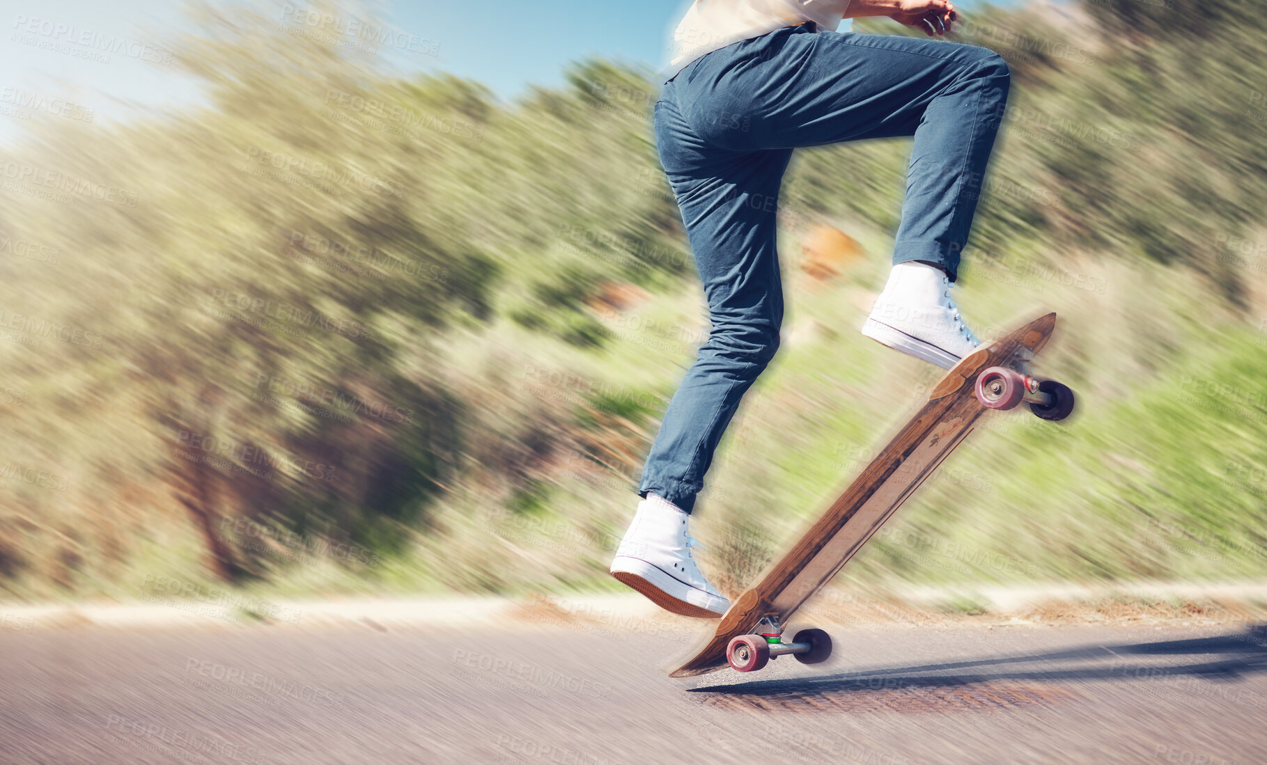 Buy stock photo Sports, skill and man on a skateboard in the road for an outdoor hobby, training or exercise. Gen z, blur motion and male skater or athlete skating in the street for a fitness workout in nature.