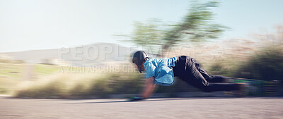 Buy stock photo Speed, skateboard and man in action on road ready for adventure, freedom and extreme sports motion blur. Training, skateboarding and skater with longboard for exercise, skating and fitness hobby