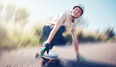 Skateboard, blurred motion and fast with a sports man skating on an asphalt road outdoor for recreation. Skate, soft focus and speed with a male athlete or skater training outside on the street