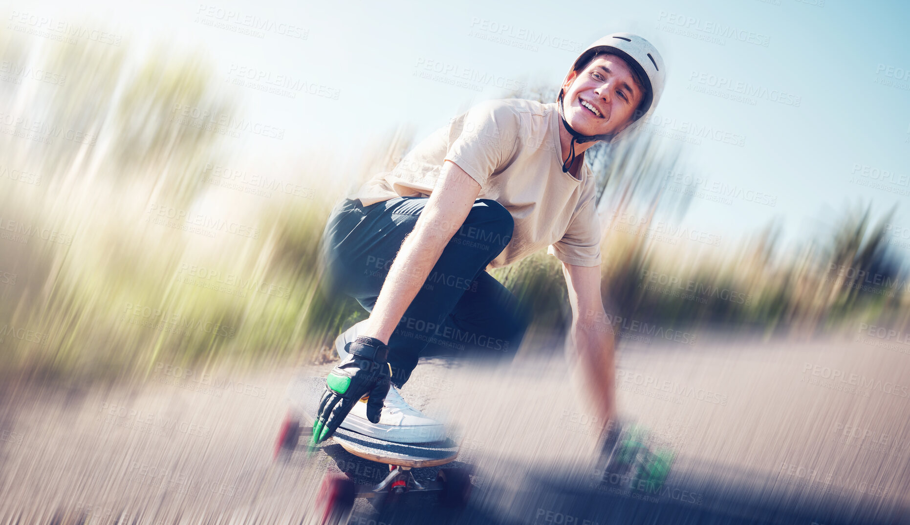 Buy stock photo Skateboard, blurred motion and fast with a sports man skating on an asphalt road outdoor for recreation. Skate, soft focus and speed with a male athlete or skater training outside on the street