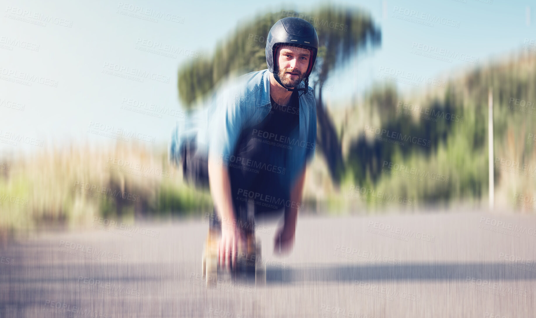 Buy stock photo Skater, motion blur and speed with a sports man skating on an asphalt road outdoor for recreation. Skate, soft focus and fast with a male athlete on a skateboard training outside on the street