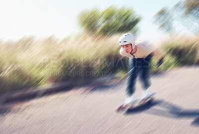 Motion blur, skateboard and mock up with a sports man training outdoor on an asphalt street at speed. Skating, speed and mockup with a male skater on a road for fun, freedom or training outside