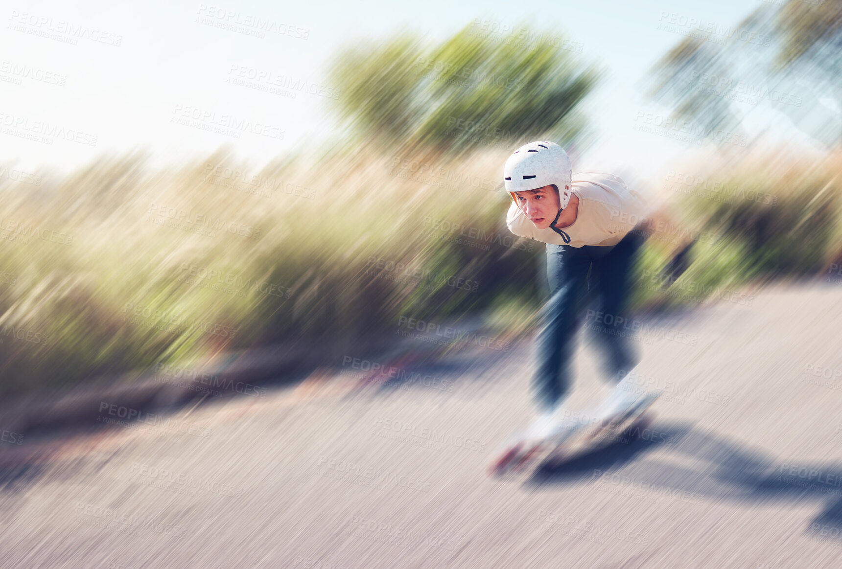 Buy stock photo Motion blur, skateboard or mock up and a sports man outdoor on an asphalt street at speed with balance. Skating, fast and mockup with a male skater on a road for fun, freedom or training outside