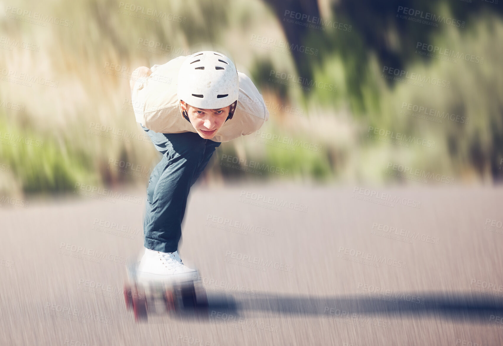 Buy stock photo Motion blur, skateboard and mock up with a man athlete training outdoor on an asphalt street at speed. Skating, fast and mock up with a sports male on a road for fun, freedom or adrenaline outside