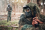Military, camouflage and people on a field playing paintball for exercise, fun and sport in Mexico. Fitness, action and person hiding while on battlefield for a game, competition or war with friends