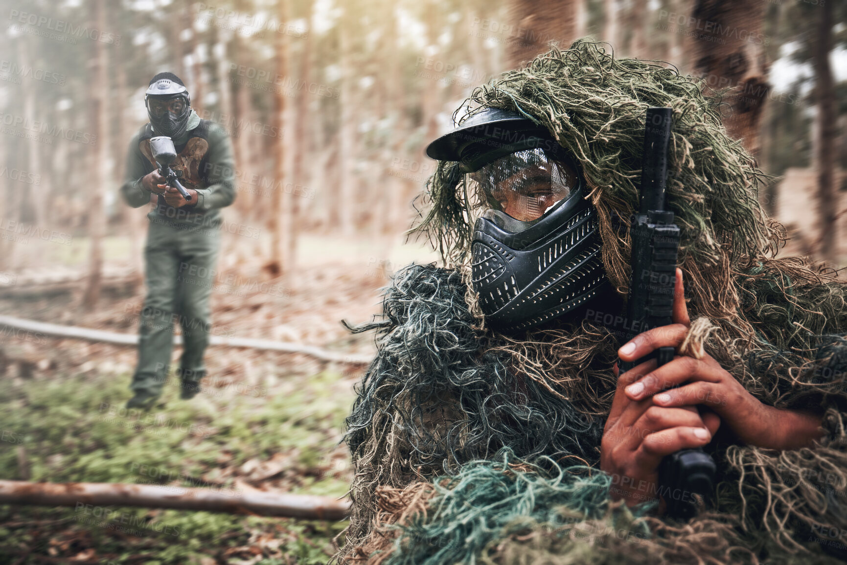 Buy stock photo Military, camouflage and people on a field playing paintball for exercise, fun and sport in Mexico. Fitness, action and person hiding while on battlefield for a game, competition or war with friends