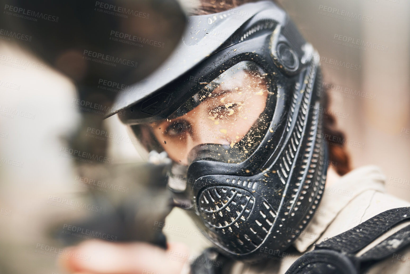 Buy stock photo Paintball, gun focus and soldier in training on a mission ready for military shooting exercise. War competition game, military man and battlefield action fight outdoor with sniper vision and workout