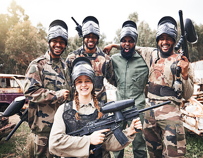Buy stock photo Diversity, portrait and military group with paintball gun for training, fun or extreme sports, happy and excited. Army, people and sport team smile, bond and ready for target practice, game or cardio