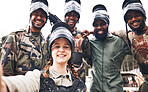 Military, diversity and portrait of group and paintball gun in training, fun or extreme sports, happy or excited. Army, people and sport team smile, bond and ready for target practice, game or cardio