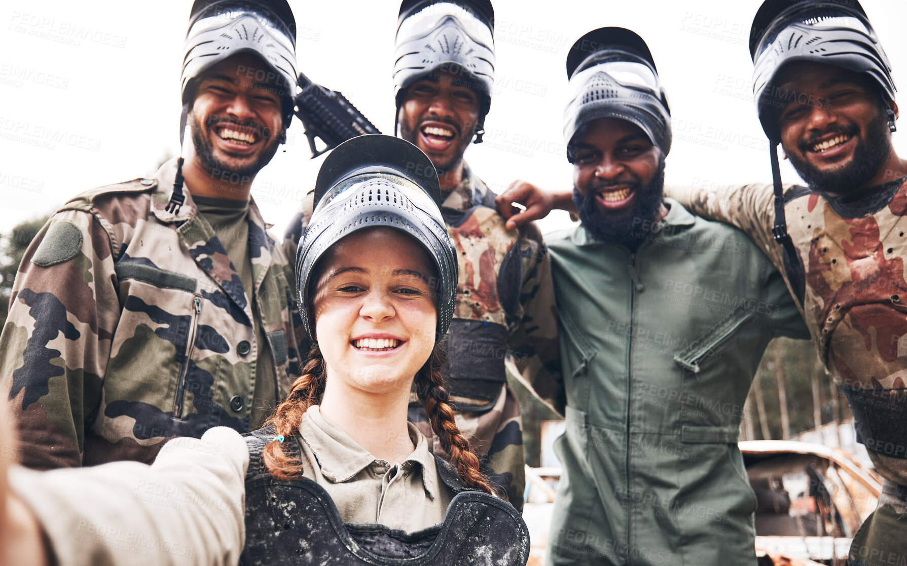 Buy stock photo Diversity, selfie and portrait of military group and paintball gun for training, fun or extreme sports outdoor. Face, friends and army people, smile for team sport, photo or ready for target practice
