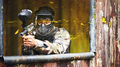 Buy stock photo Paintball, gun and soldier with a sports man playing a military game for fun or training outdoor. War, camouflage and target with a male athlete shooting a weapon outside during an army exercise