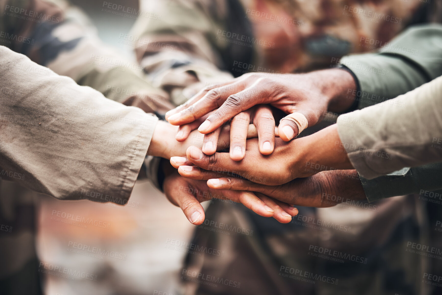 Buy stock photo Hands, team and solidarity with people and collaboration, mission and paintball game strategy with support. Teamwork, motivation and community with trust, respect with goals and ready for battle