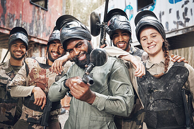 Buy stock photo Portrait, diversity and military group with paintball gun for training, fun or extreme sports, happy and excited. Army, people and sport team smile, bond and ready for target practice, game or cardio