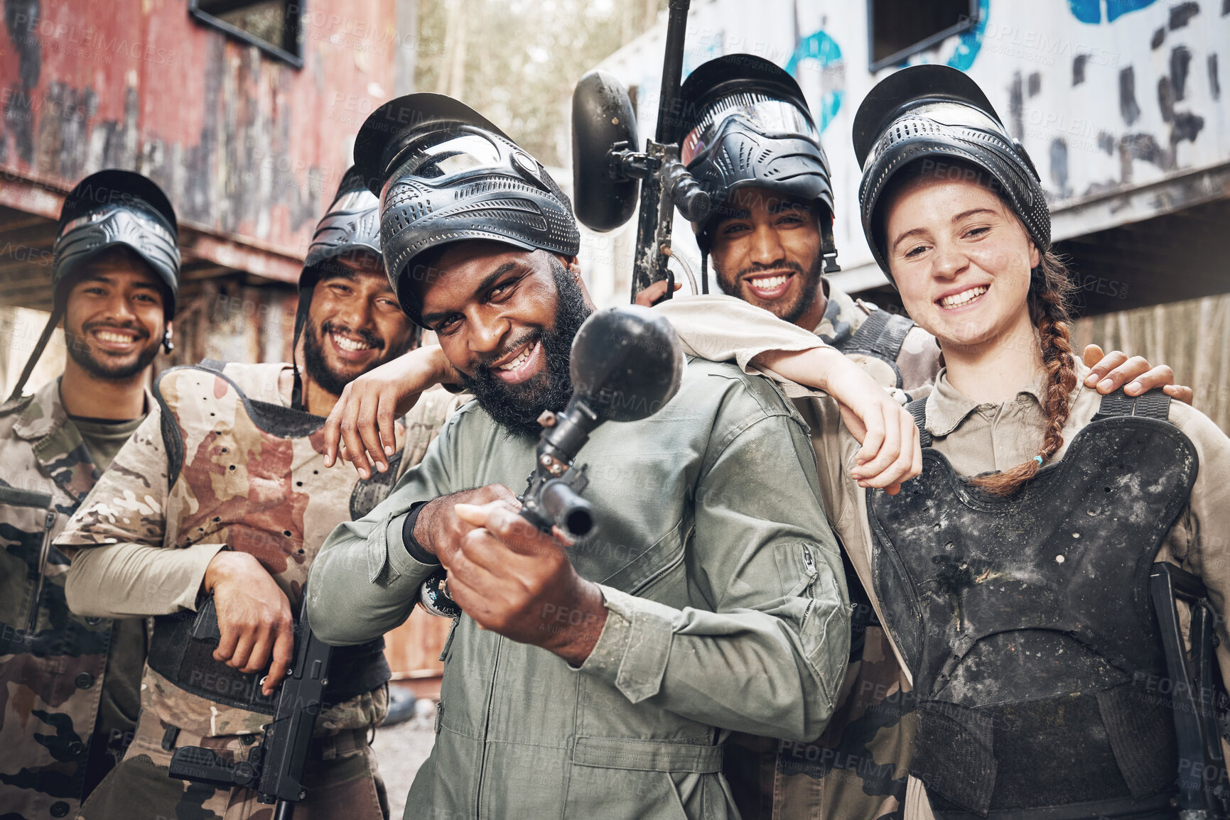 Buy stock photo Portrait, diversity and military group with paintball gun for training, fun or extreme sports, happy and excited. Army, people and sport team smile, bond and ready for target practice, game or cardio