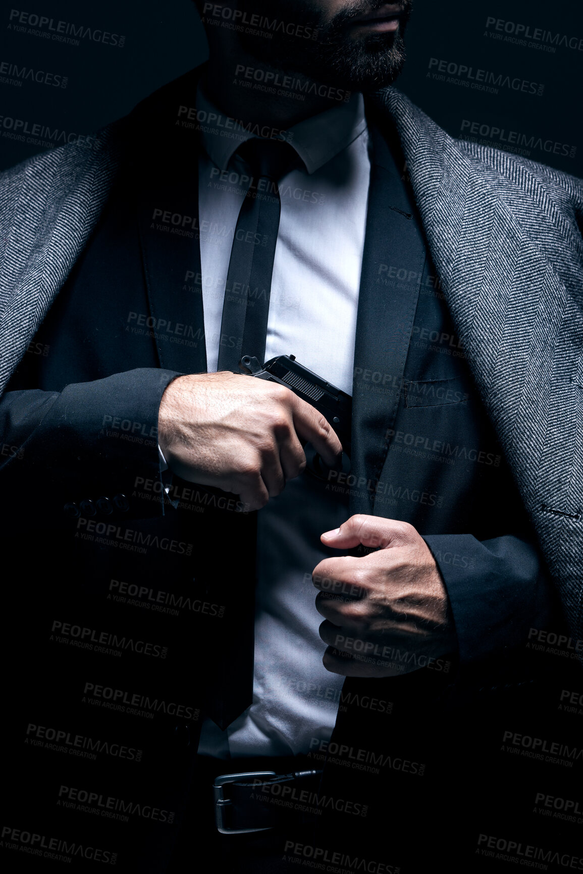 Buy stock photo Bodyguard, hands or gun in suit jacket on studio background in dark secret spy or isolated mafia leadership. Gangster, man or criminal hiding weapon in formal, crime lord or fashion clothes aesthetic