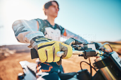 Buy stock photo Motorcycle, sports gear and hands of man for challenge, race and rally. Driver, bike gloves and ready for motorbike competition, performance and action of fearless adventure, power and start cycling