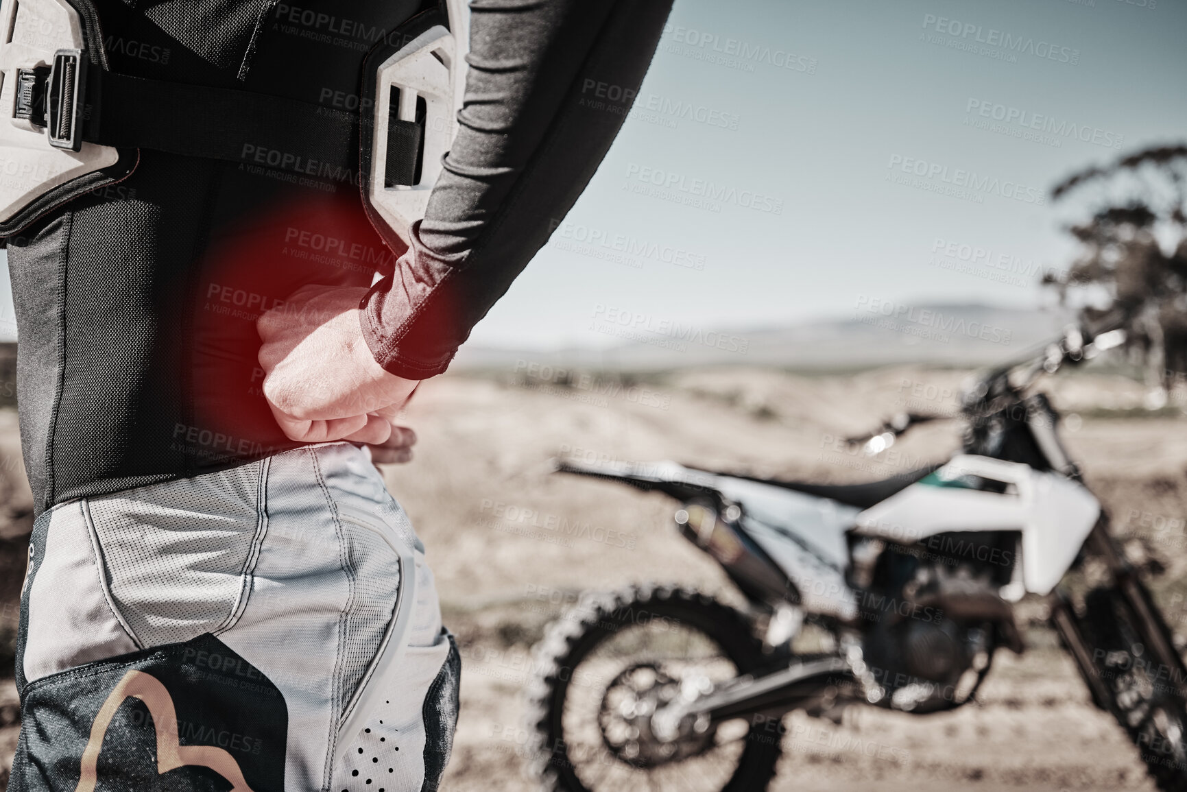Buy stock photo Inflammation, injury and man with back pain while cycling for travel with accident and body strain. Muscle, tired and biker suffering from a painful physical condition while riding in the countryside
