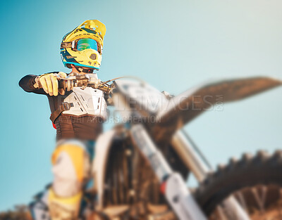 Buy stock photo Motorbike, sports gear and man on blue sky mockup for challenge, race and rally. Driver, bike and ready for motorcross competition, performance and action of fearless adventure, power and start show