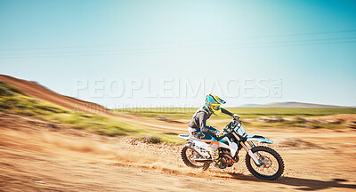 Motorbike, motorsports and speed on dunes with power, sky mockup and offroad path. Driver, motorcycle and travel on dirt track, sand and adventure course for fast action, freedom or rally performance