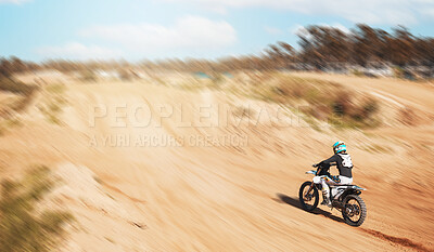 Buy stock photo Sports, fitness and person with motorcycle, speed and action with power in desert, race or rally with athlete outdoor. Dirt bike, exercise and extreme sport mockup, freedom and adventure with travel