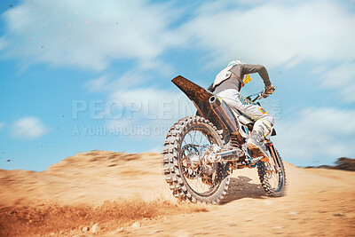 Buy stock photo Back of motorbike, offroad sports and speed on blue sky, desert sand or trail. Driver, cycling and power on dirt track, hill and motorcycle performance competition on adventure course for fast action