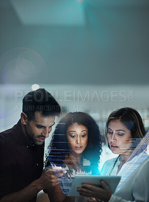 Buy stock photo Tech hologram, futuristic overlay and tablet with statistics and investment team planning. Finance hologram, analytics and information technology with employee group working on collaboration