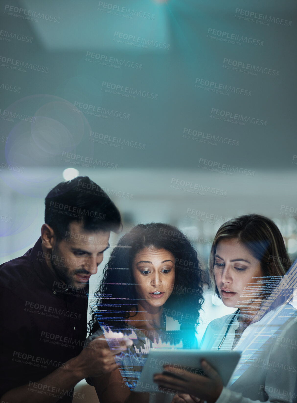 Buy stock photo Tech hologram, futuristic overlay and tablet with statistics and investment team planning. Finance hologram, analytics and information technology with employee group working on collaboration