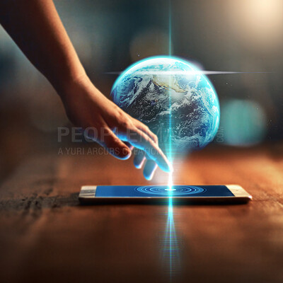 Buy stock photo Hand, phone and earth hologram for global communication, information technology or internet networking. Future, ai or globe with a woman touching a mobile for futuristic cloud computing on a data app