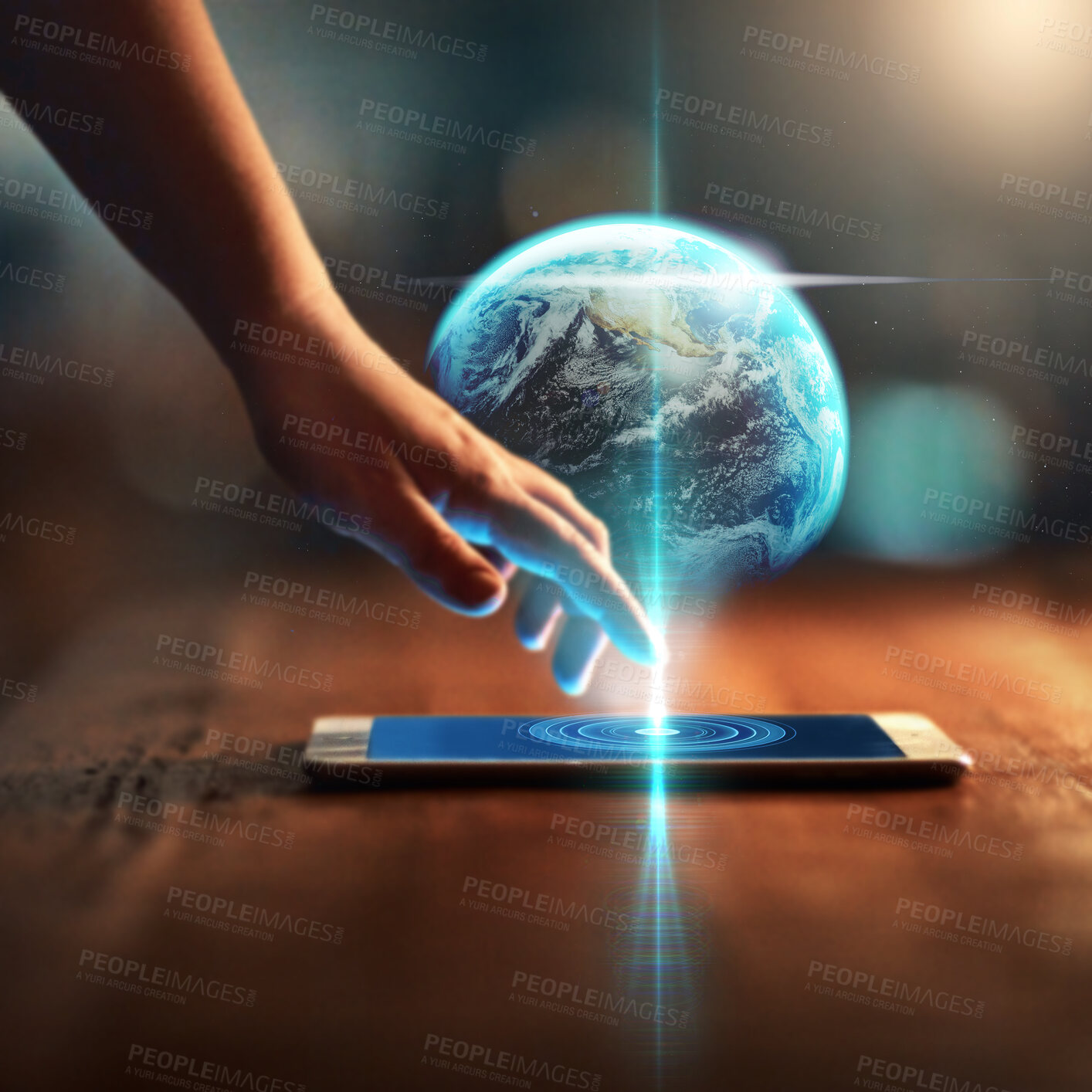 Buy stock photo Hand, phone and earth hologram for global communication, information technology or internet networking. Future, ai or globe with a woman touching a mobile for futuristic cloud computing on a data app