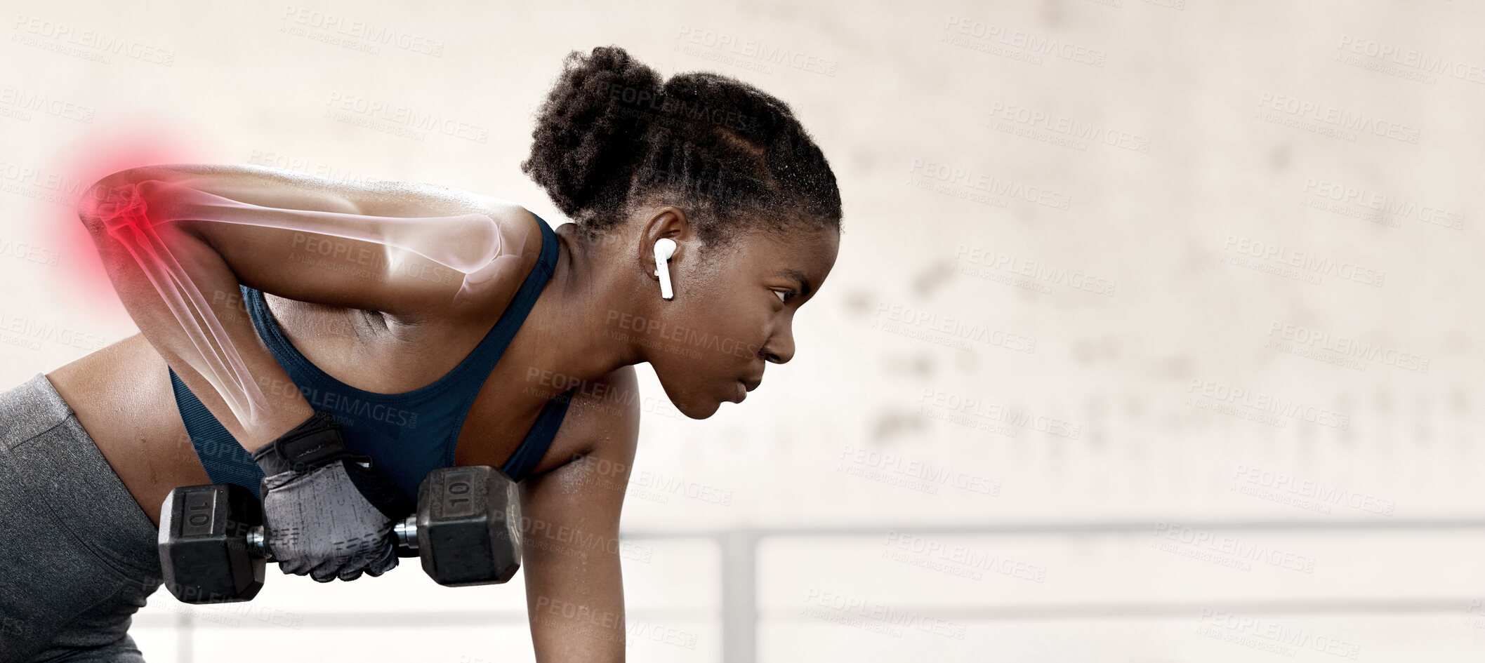 Buy stock photo Bone overlay, dumbbell and black woman doing weight training with mockup outdoor with joint pain. Arm joints inflammation, athlete exercise and sports workout of a female with music and mock up 