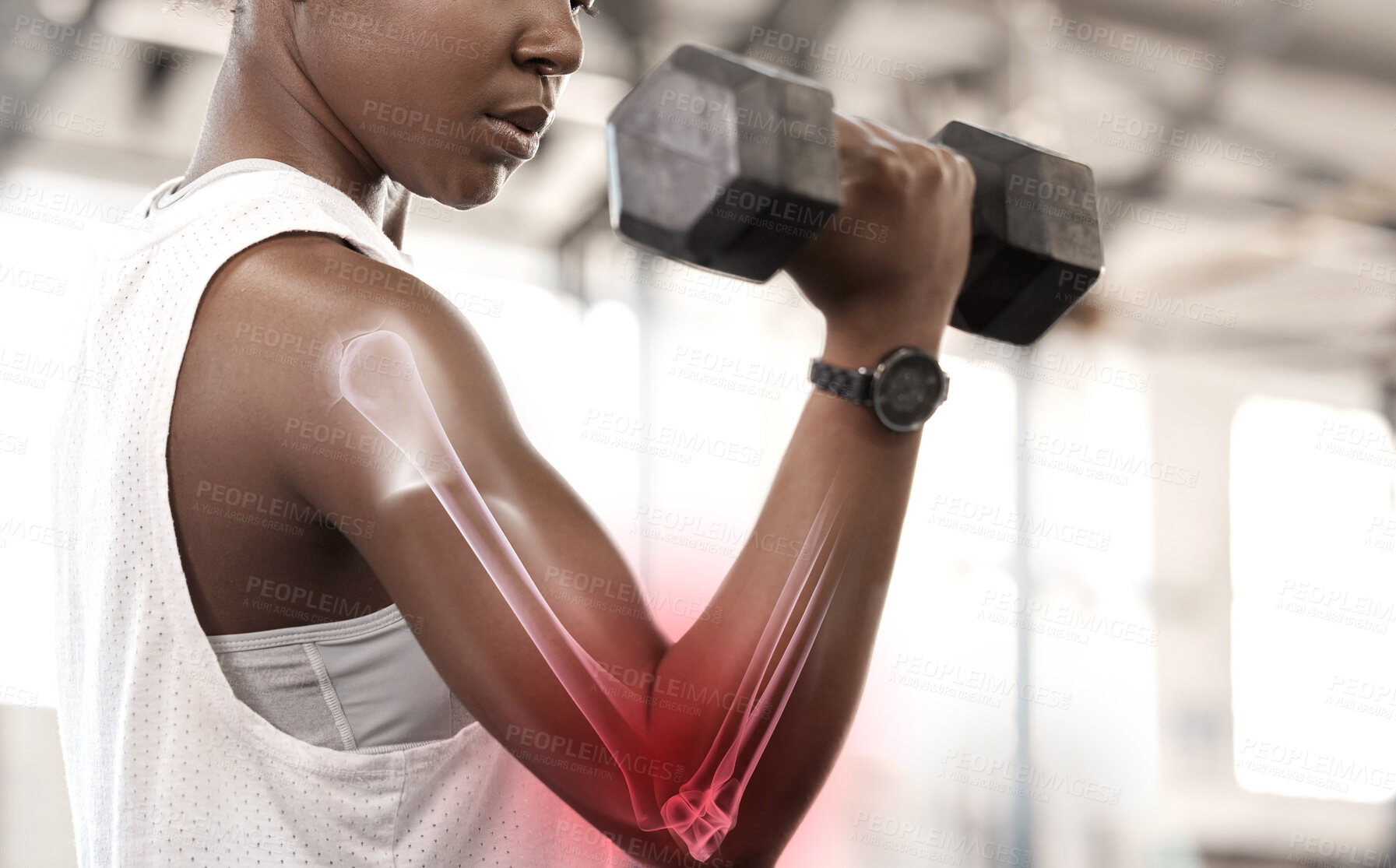 Buy stock photo Bone hologram overlay, black woman athlete and weight training of a strong female athlete. Gym workout, strength exercise and arms muscle gain with red joint inflammation illustration with fitness