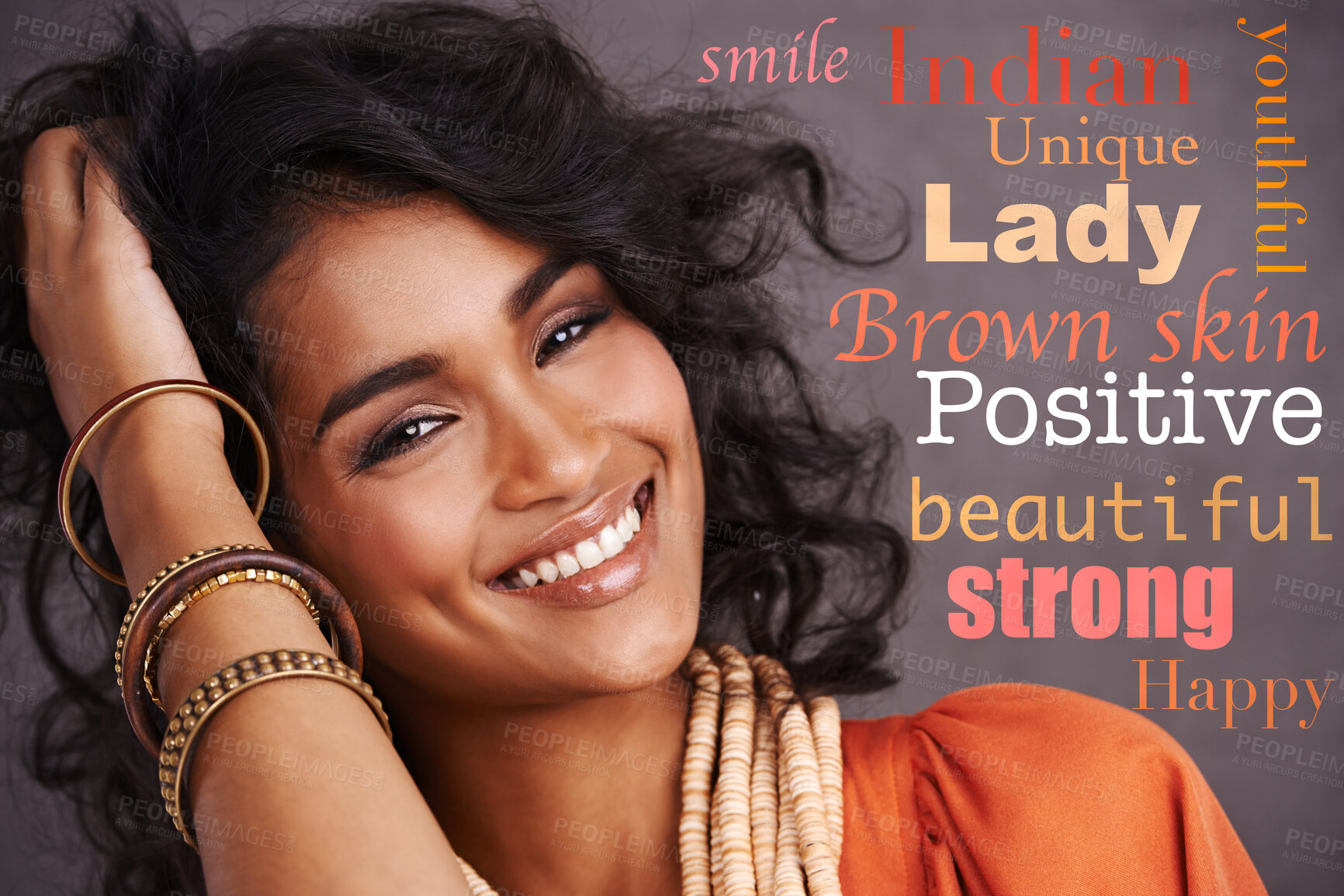 Buy stock photo Beautiful, confident and portrait of a woman with words of affirmation isolated on a studio background. Happy, smile and face of an Indian model with an overlay message, empowerment and backdrop text