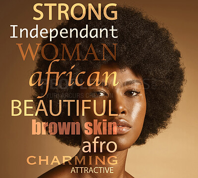 Buy stock photo Black woman, face and portrait, quote and motivation, inspiration for self care and afro hair, skin and skincare beauty. Glow, cosmetic and dermatology, quotation overlay with motivational poster