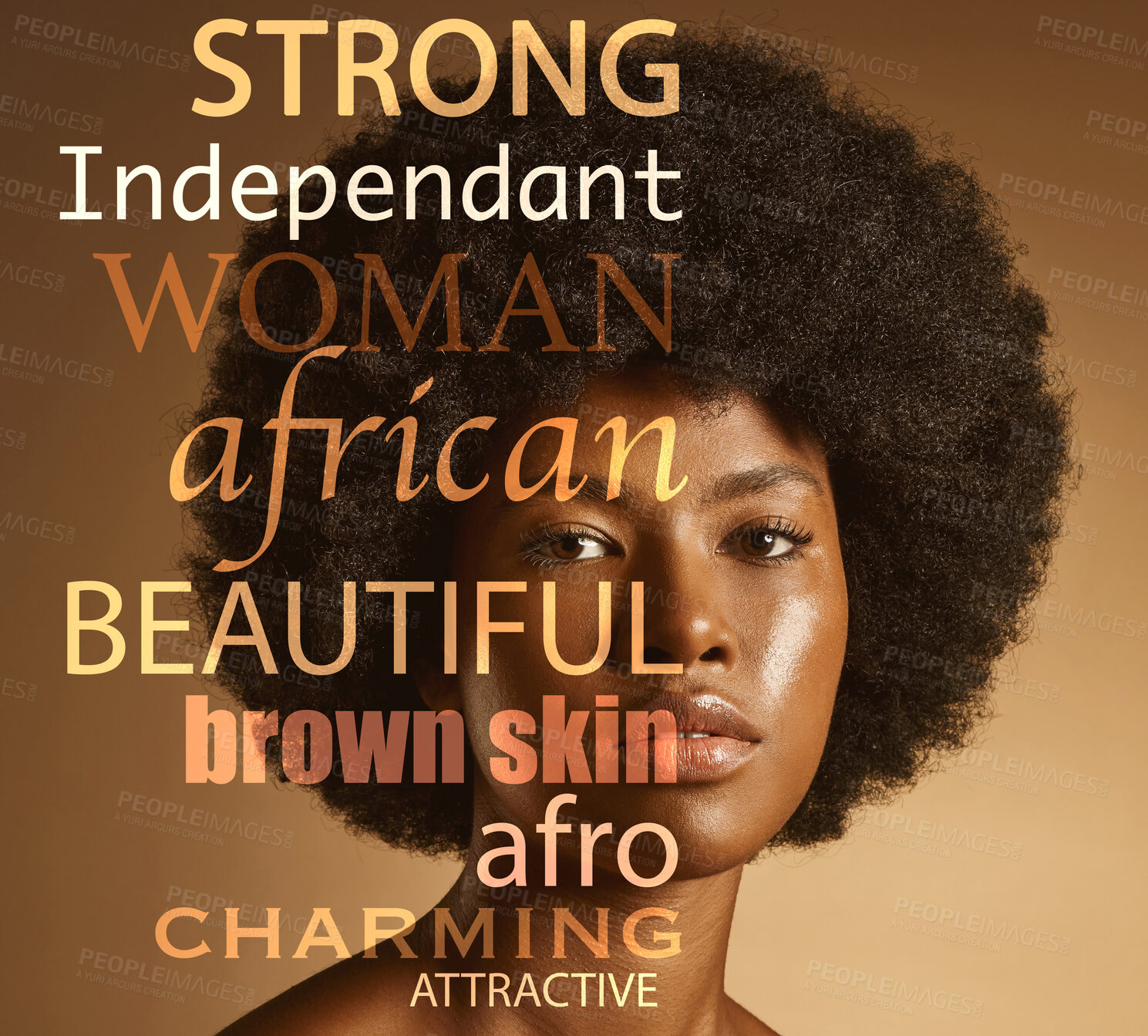 Buy stock photo Black woman, face and portrait, quote and motivation, inspiration for self care and afro hair, skin and skincare beauty. Glow, cosmetic and dermatology, quotation overlay with motivational poster