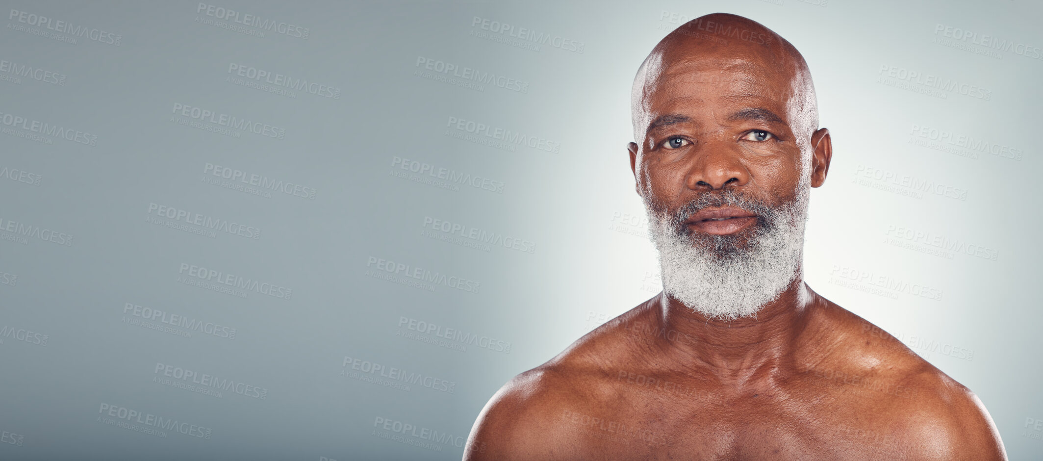 Buy stock photo Grooming, skincare mockup and portrait of black man in studio for wellness, dermatology and healthy skin. Beauty products, advertising and face of senior male with copy space for facial treatment