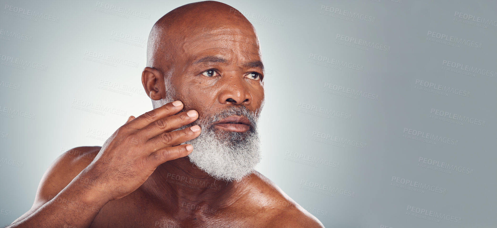 Buy stock photo Skincare, grooming and face of black man for wellness, haircare and healthy skin on gray background. Beauty mockup, advertising and senior male pose for beard care, facial treatment and dermatology