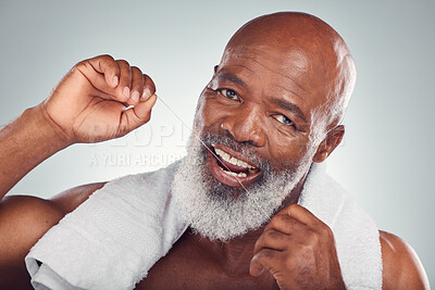 Buy stock photo Floss, teeth and portrait of black man isolated on white background for senior mouth cleaning, smile or beauty. African model or elderly person with product in tooth, gum or dentist healthcare mockup