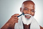 Black man, face and cream to shave with razor, portrait for beauty and grooming isolated on studio background. Facial hair removal, happy elderly person and hygiene with skincare and wellness