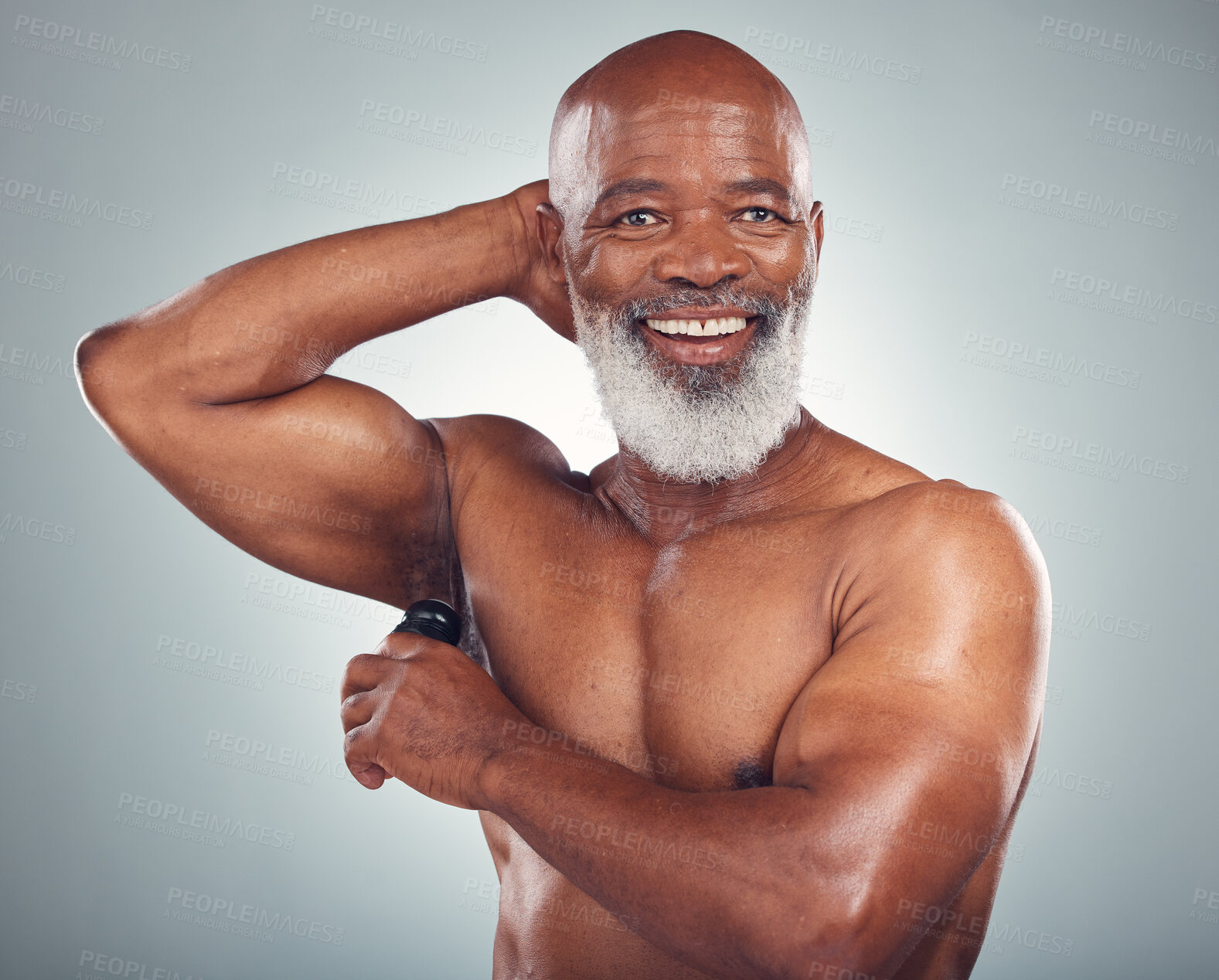 Buy stock photo Portrait of black man with roll on deodorant, smile and body care grooming isolated on grey background. Skincare, health and happy senior male, armpit skin product for cleaning and wellness in studio
