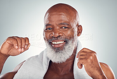 Buy stock photo Floss, portrait and teeth of man isolated on white background for senior mouth, self care smile  and cleaning. African model or elderly person with product for tooth, gum or dentist healthcare mockup